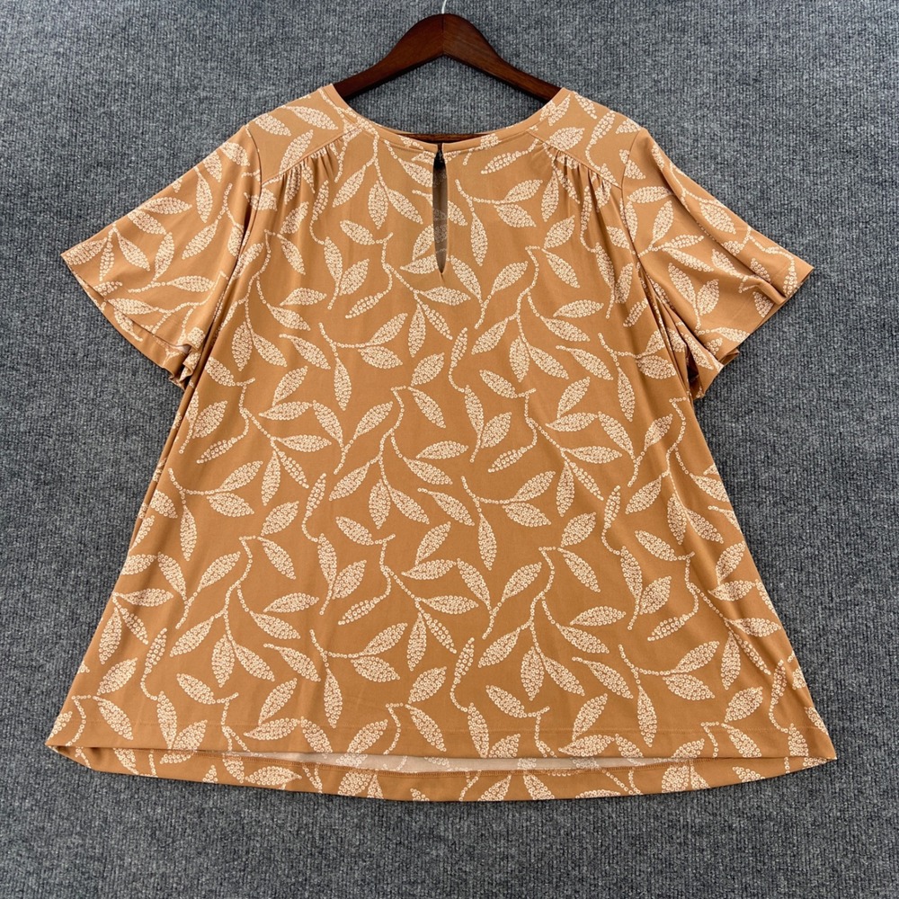 Lane Bryant Blouse Women 18 20 Brown Leaf Print Flutter Sleeve Boho Casual Plus
